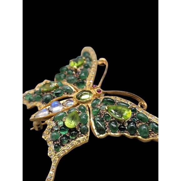 Diamond Emerald Peridot Gilded Brooch Pendant 585 Bail 24k Gold Plated Sterling - Picture 14 of 16